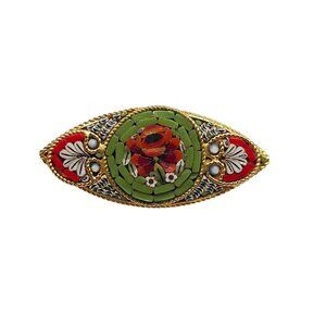 Micro Mosaic Floral Multicolor Brooch Dark Gold Tone Metal Unmarked Pin